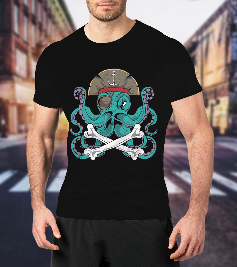 Octopus Pirate Jolly Roger Crossbones Anchor Hat Tentacles T-Shirt