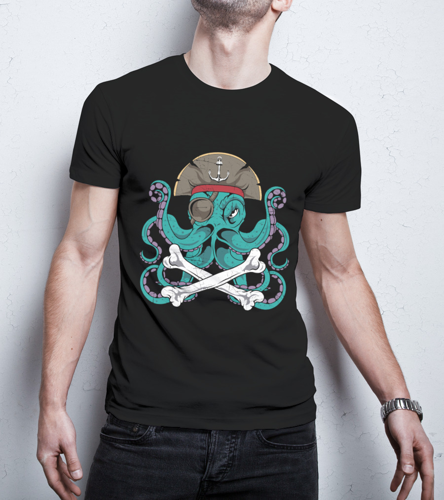 Octopus Pirate Jolly Roger Crossbones Anchor Hat Tentacles T-Shirt