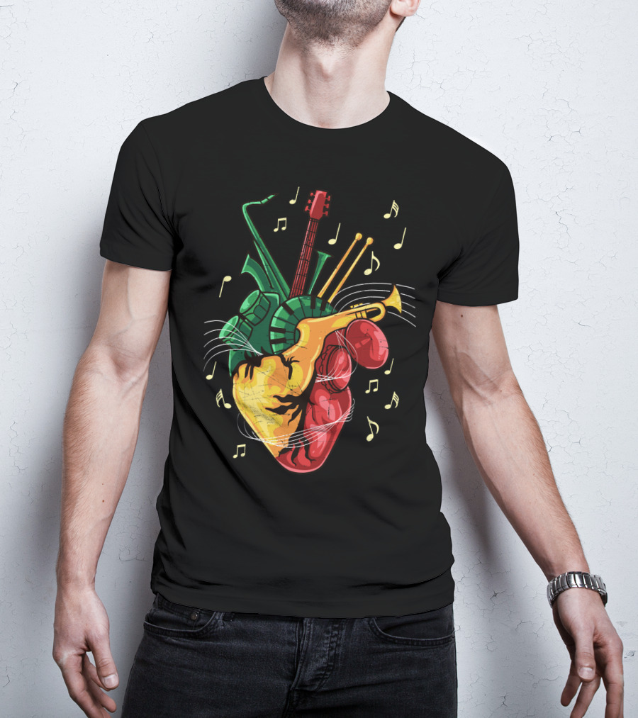 Reggae Lover Jamaican Heart Music Rastafari Instrument Fusion T-Shirt