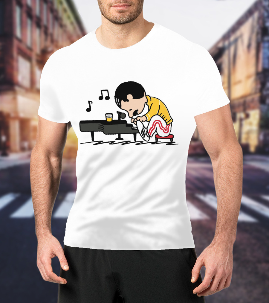 Freddie Mercury Peanuts Style Piano Playing Music Notes T-Shirt
