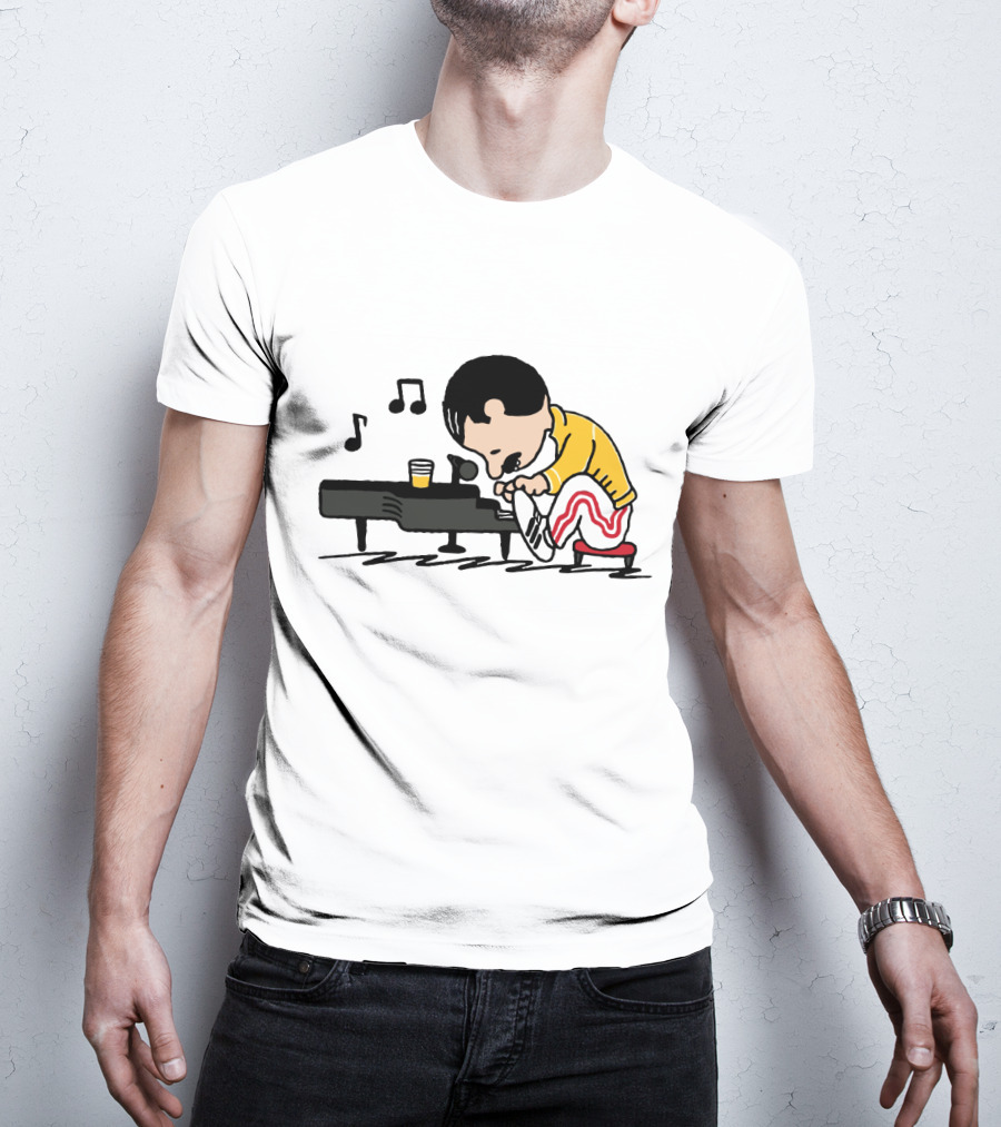 Freddie Mercury Peanuts Style Piano Playing Music Notes T-Shirt