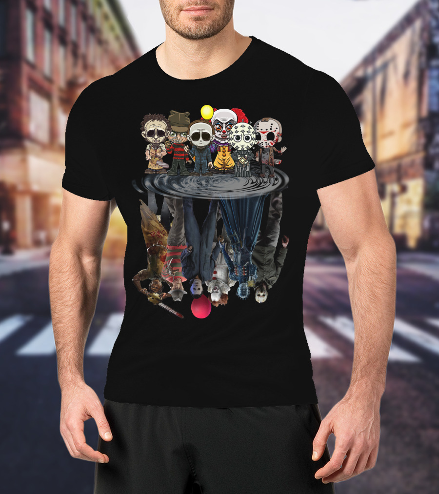 Horror Icons Chibi Reflections In Water Mirror T-Shirt