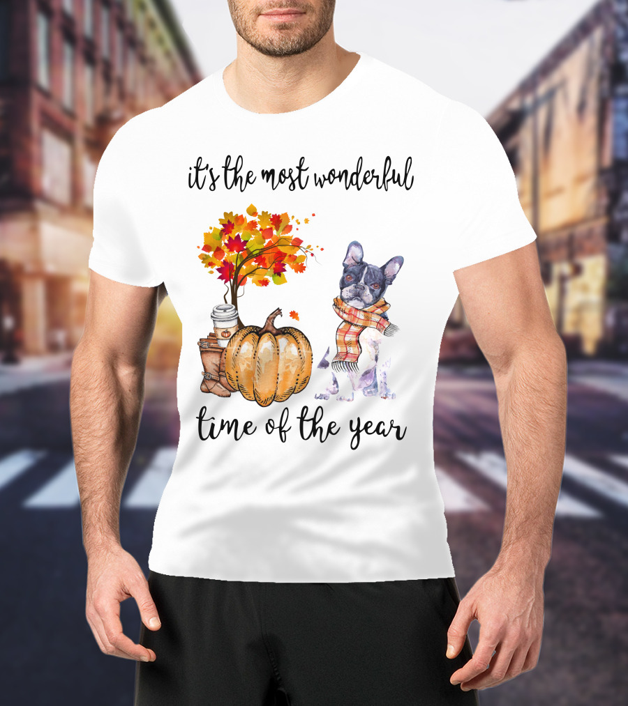 Its The Most Wonderful Time Of The Year Boston Terrier Autumn Pumpkin Leaves Coffee T-Shirt