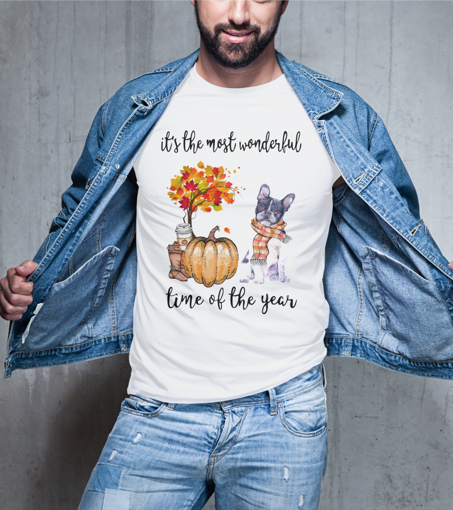 Its The Most Wonderful Time Of The Year Boston Terrier Autumn Pumpkin Leaves Coffee T-Shirt