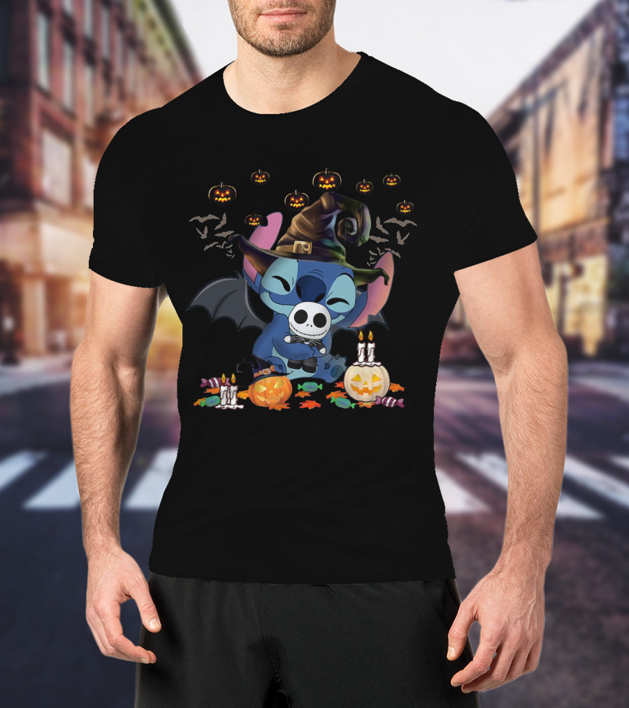 Stitch Halloween Witch Hugging Baby Jack Skellington With Pumpkins And Candy T-Shirt