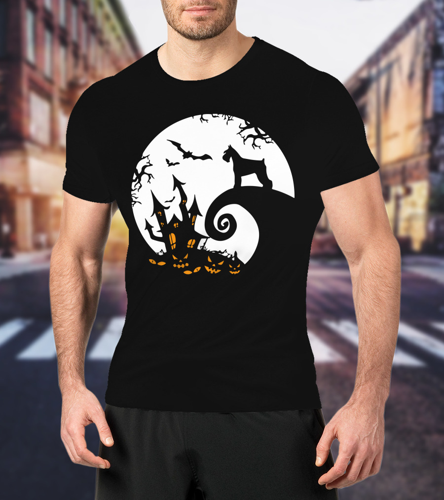Funny Miniature Schnauzer And Moon Jack-O'-Lantern Halloween Night T-Shirt