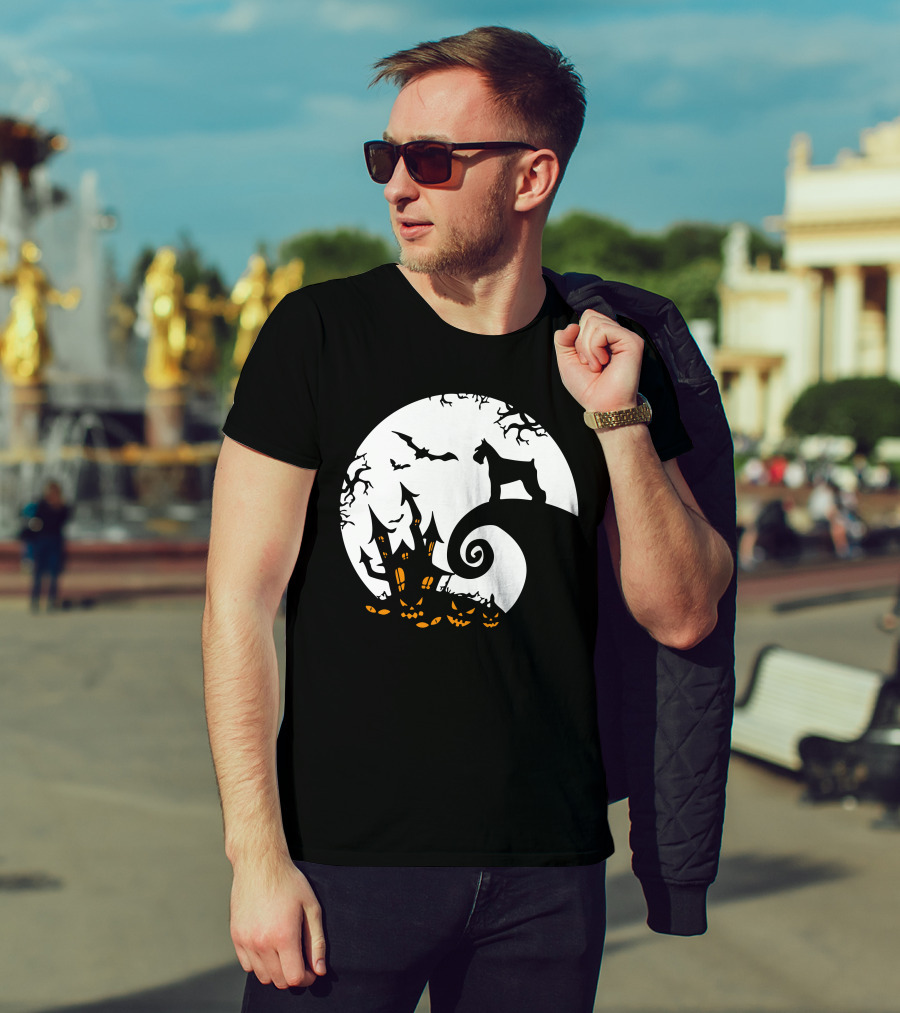 Funny Miniature Schnauzer And Moon Jack-O'-Lantern Halloween Night T-Shirt