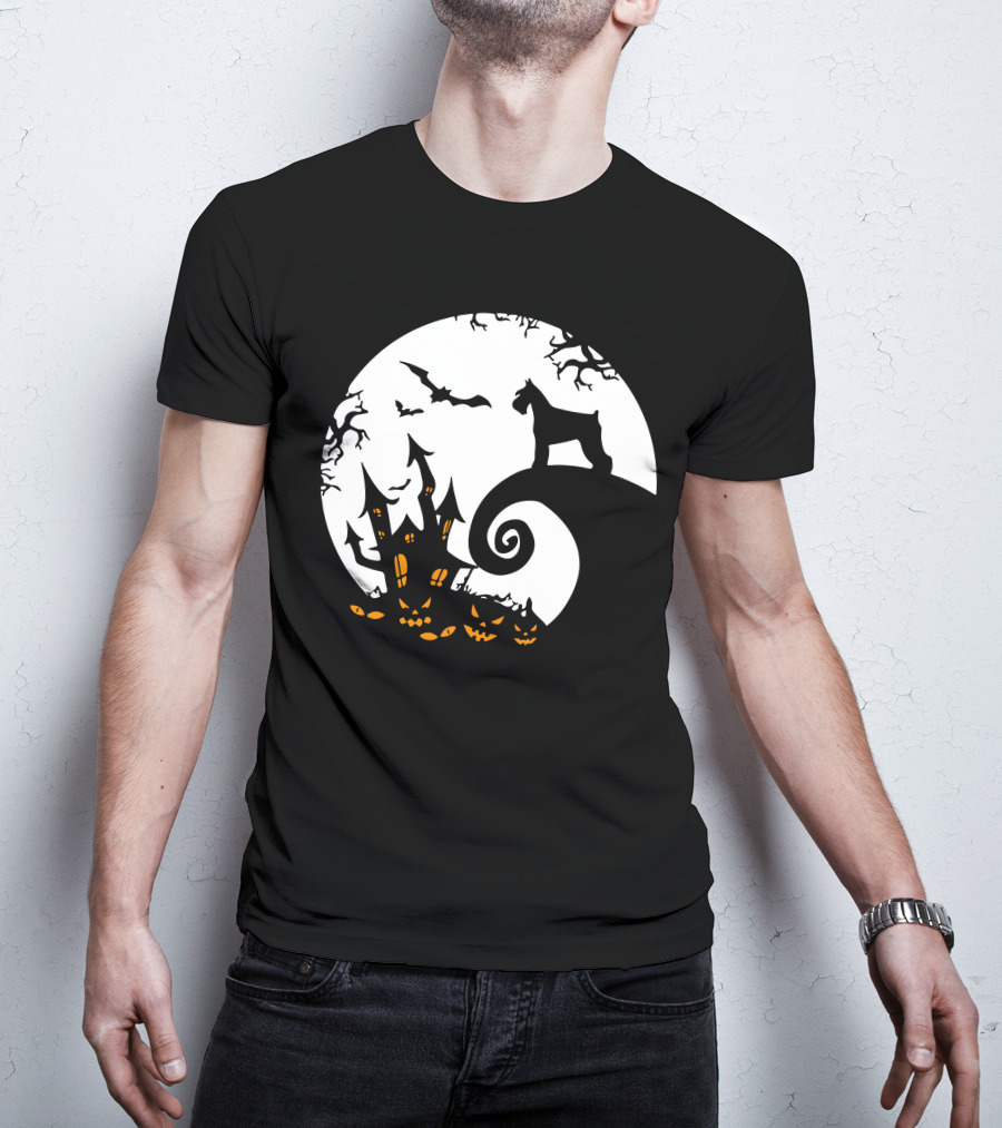 Funny Miniature Schnauzer And Moon Jack-O'-Lantern Halloween Night T-Shirt