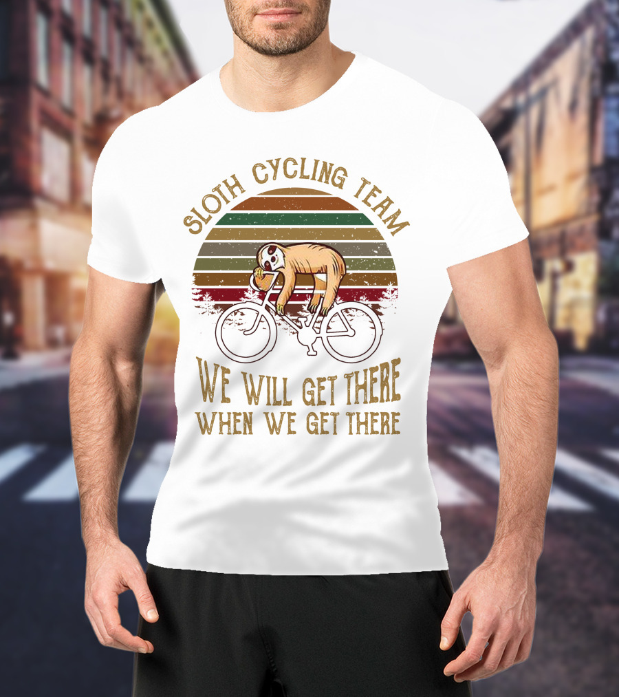 Sloth Cycling Team We Will Get There When We Get There Retro Sunset T-Shirt