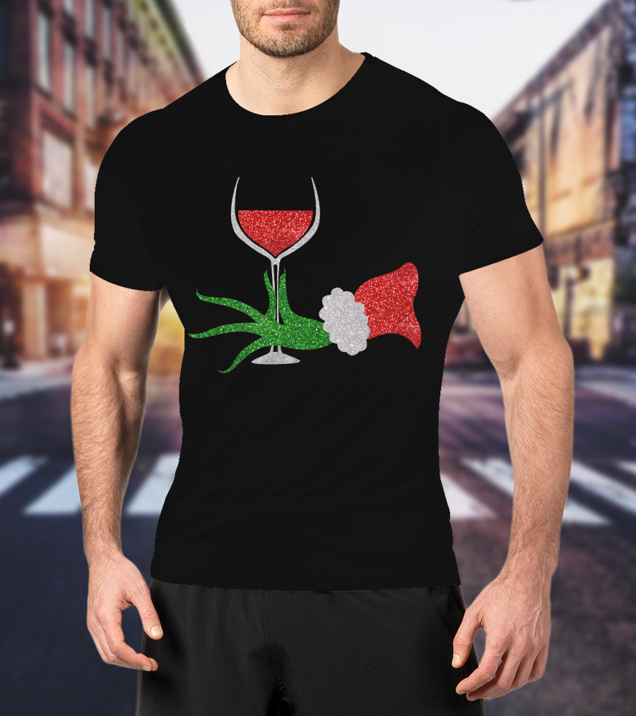 Grinch Hand Santa Hat Wine Glass Red Green Sparkle T-Shirt