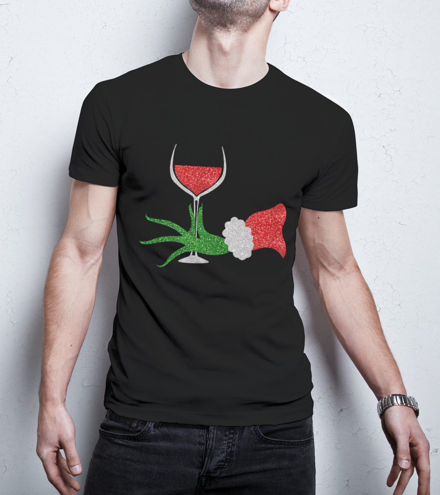 Grinch Hand Santa Hat Wine Glass Red Green Sparkle T-Shirt