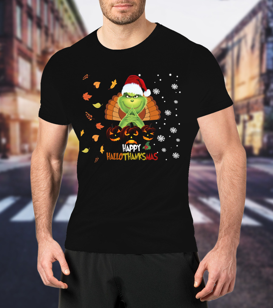 Grinch Happy Hallothanksmas Turkey Santa Hat Pumpkins Leaves Snowflakes T-Shirt