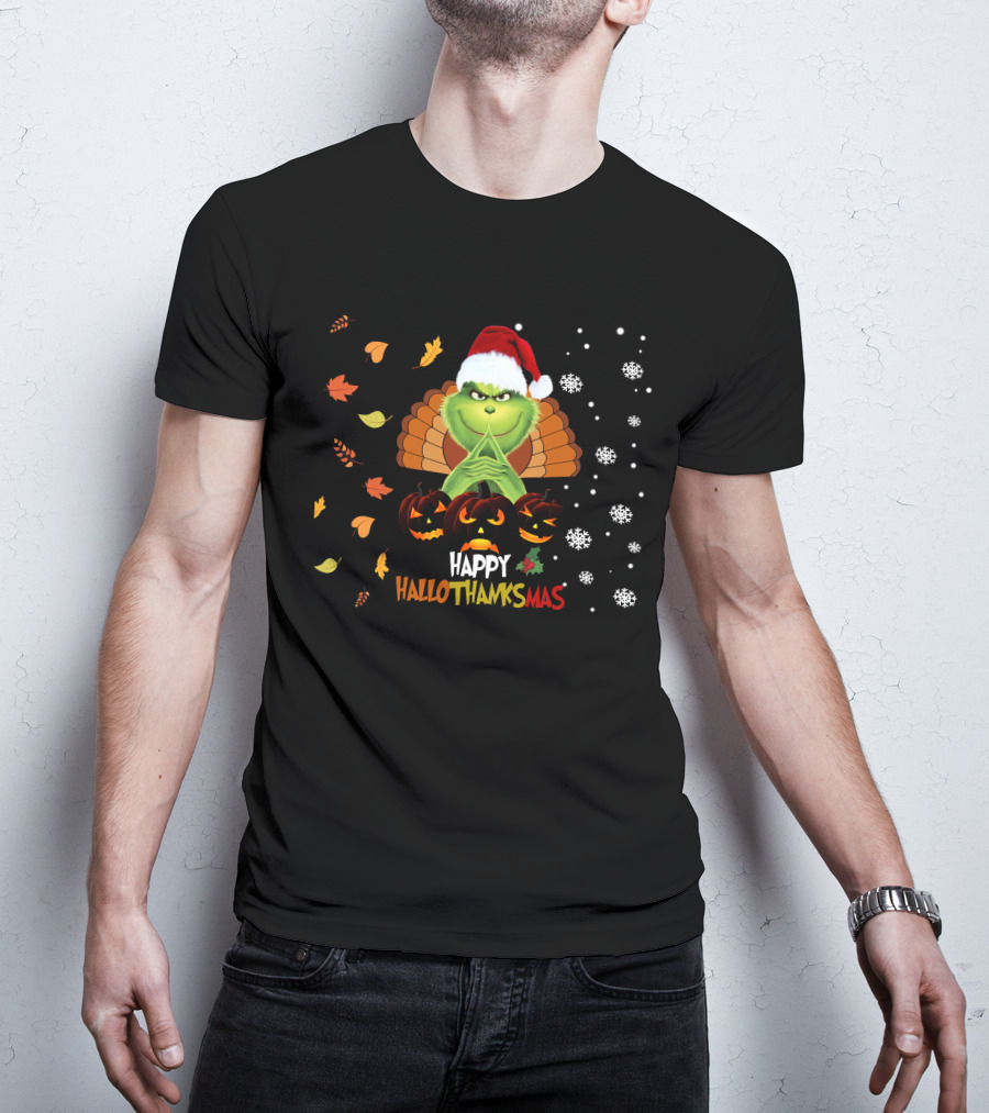 Grinch Happy Hallothanksmas Turkey Santa Hat Pumpkins Leaves Snowflakes T-Shirt
