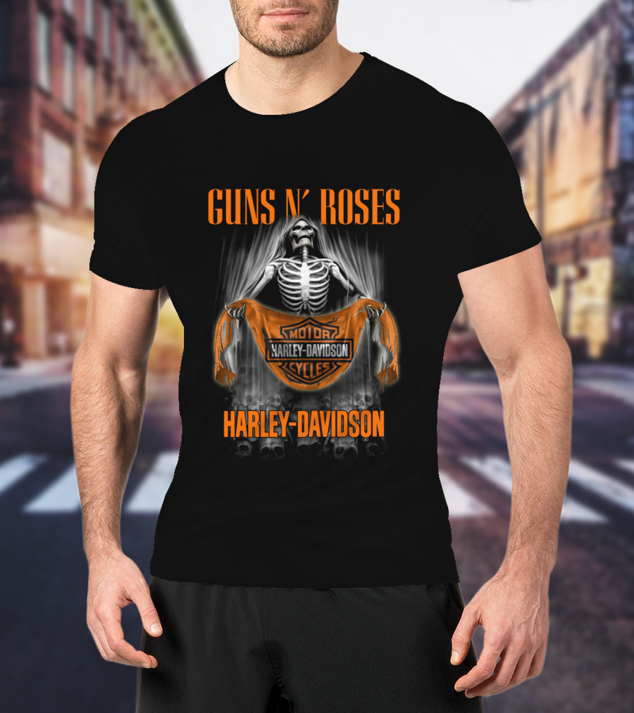 Guns N' Roses Harley Davidson Skeleton Holding Banner T-Shirt
