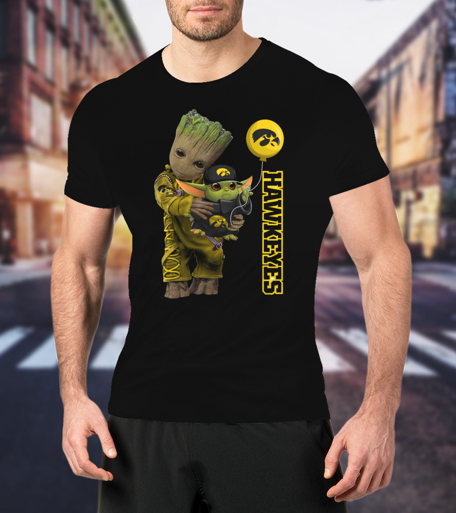 G&Y Iowa Hawkeyes Groot And Baby Yoda Balloon T-Shirt