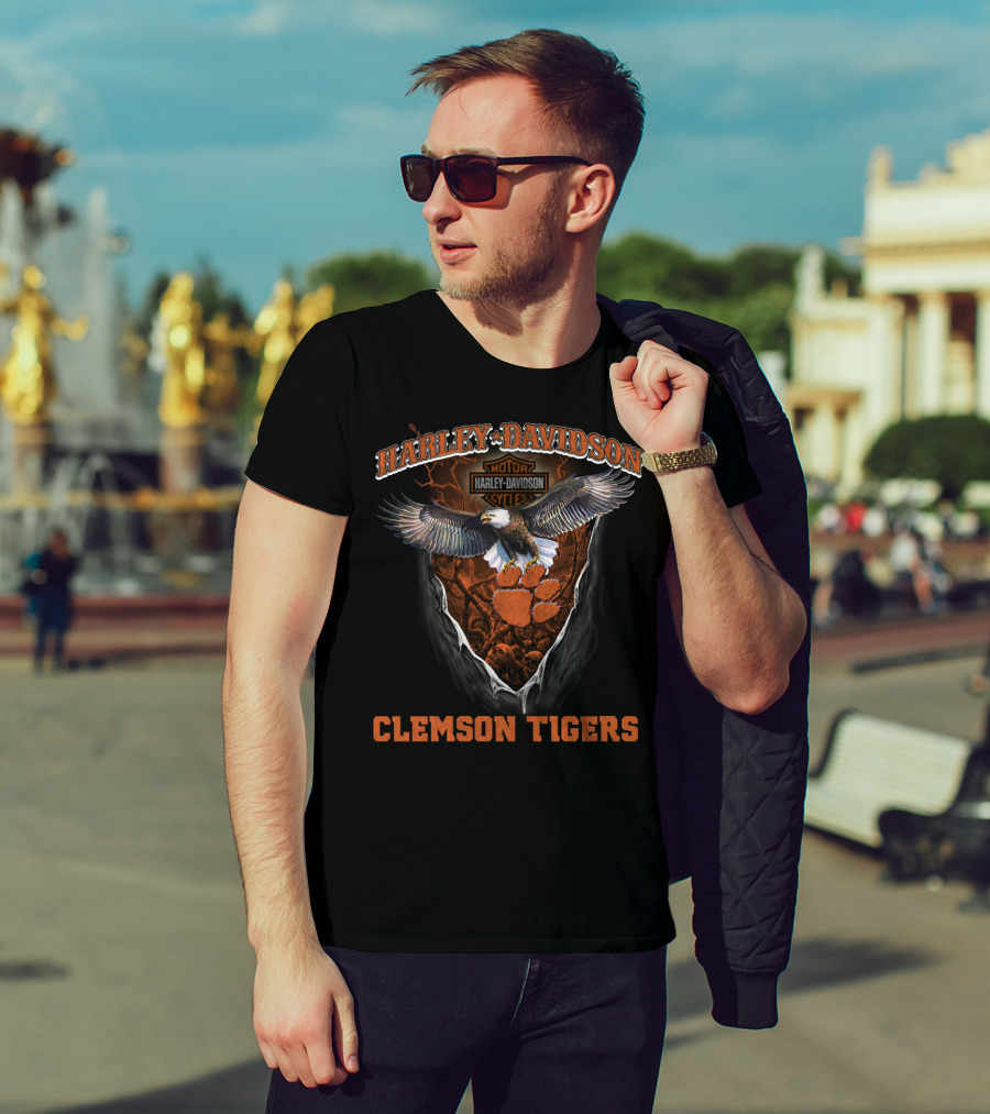 Harley Davidson Clemson Tigers Bald Eagle Paw T-Shirt