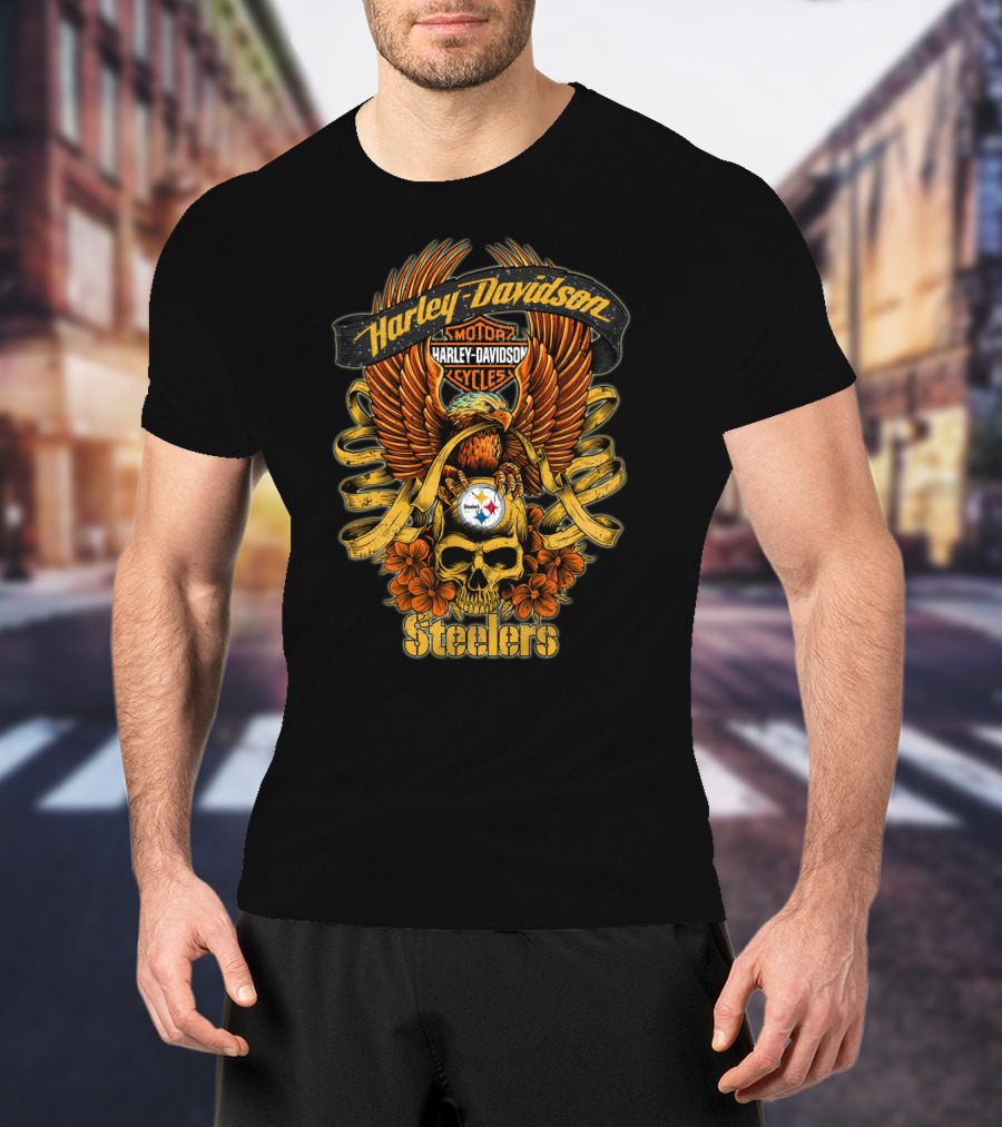 Harley Davidson Pittsburgh Steelers Nfl H5 Motorcycles Cycles Eagle Skull T-Shirt