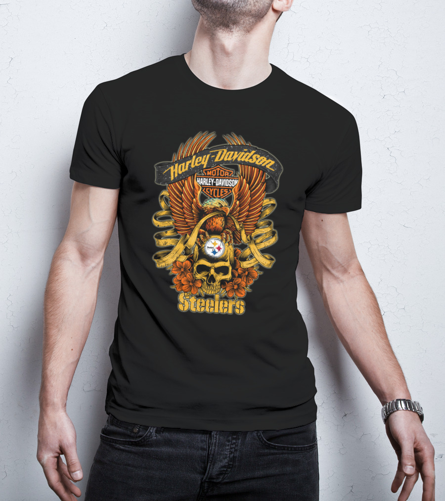 Harley Davidson Pittsburgh Steelers Nfl H5 Motorcycles Cycles Eagle Skull T-Shirt