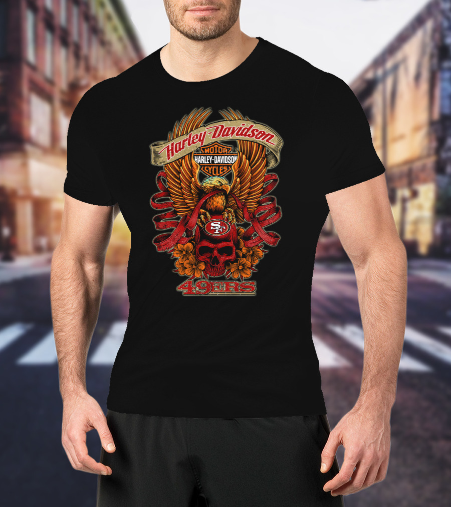 Harley Davidson San Francisco 49ers 49ers Eagle Skull Flowers T-Shirt