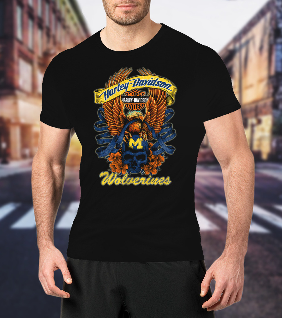 Wolverines Harley Davidson Michigan Motorcycles Eagle Skull T-Shirt