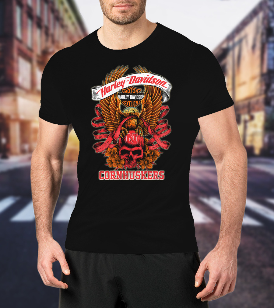 Harley Davidson Motor Cycles Nebraska Cornhuskers Eagle And Skull T-Shirt
