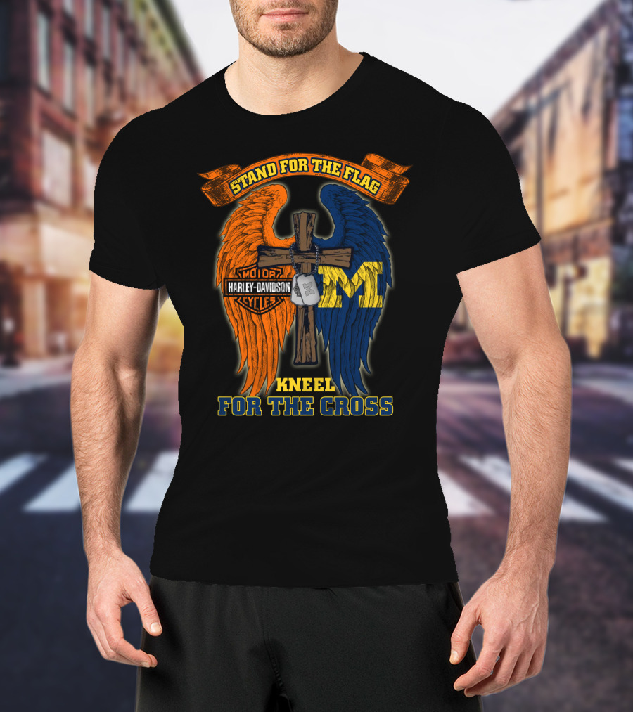 Stand For The Flag Kneel For The Cross Harley Davidson Michigan Wolverines T-Shirt