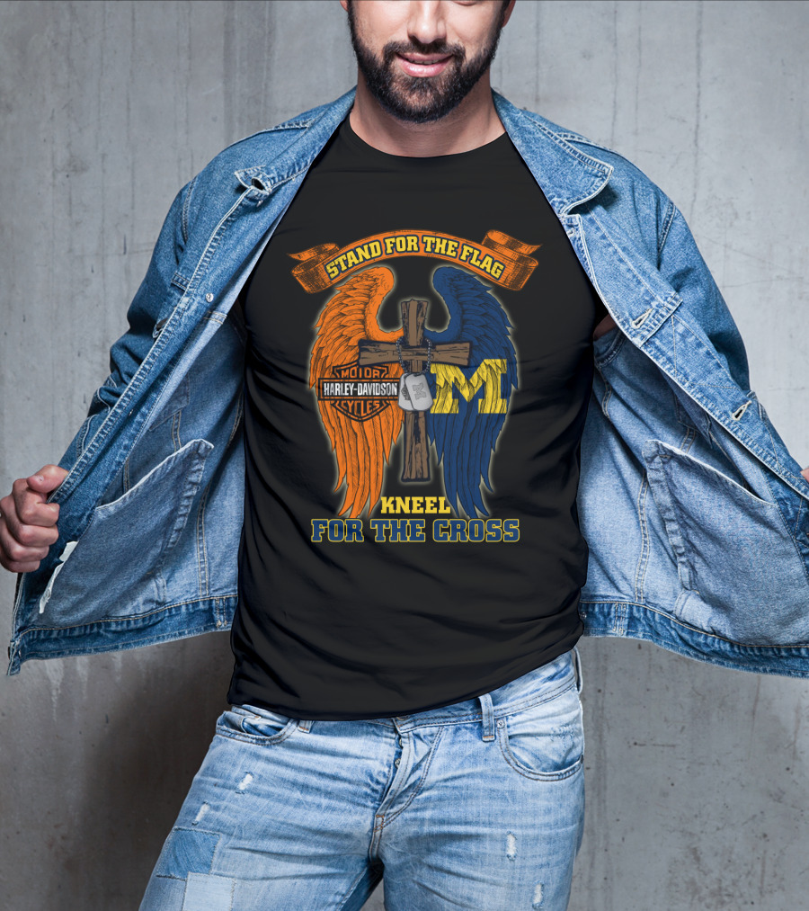Stand For The Flag Kneel For The Cross Harley Davidson Michigan Wolverines T-Shirt