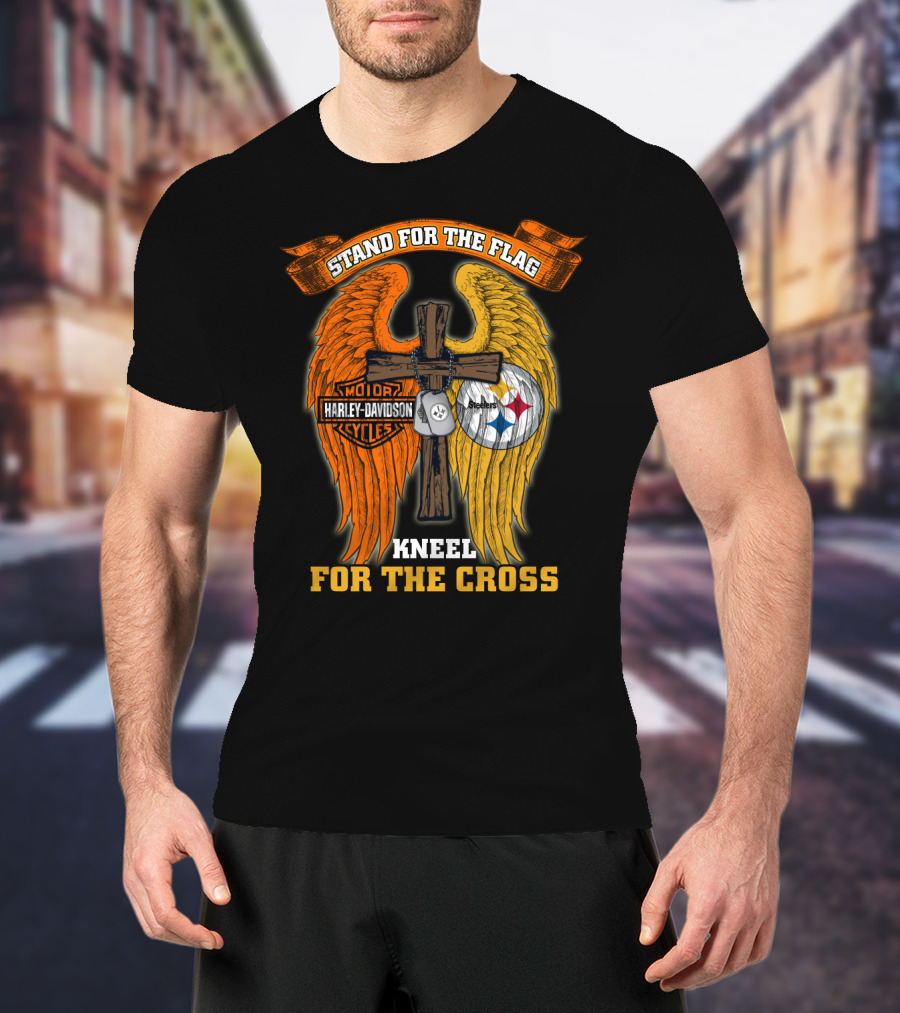 Stand For The Flag Kneel For The Cross Harley Davidson Pittsburgh Steelers Wings T-Shirt