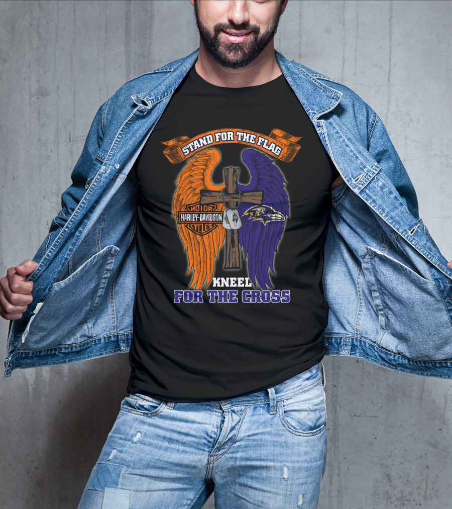 Stand For The Flag Kneel For The Cross Harley Davidson Motorcycles Baltimore Ravens T-Shirt