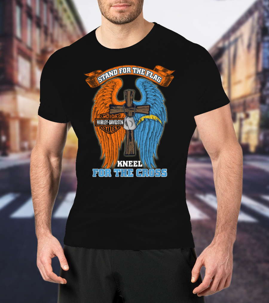 Stand For The Flag Kneel For The Cross Harley Davidson Los Angeles Chargers T-Shirt