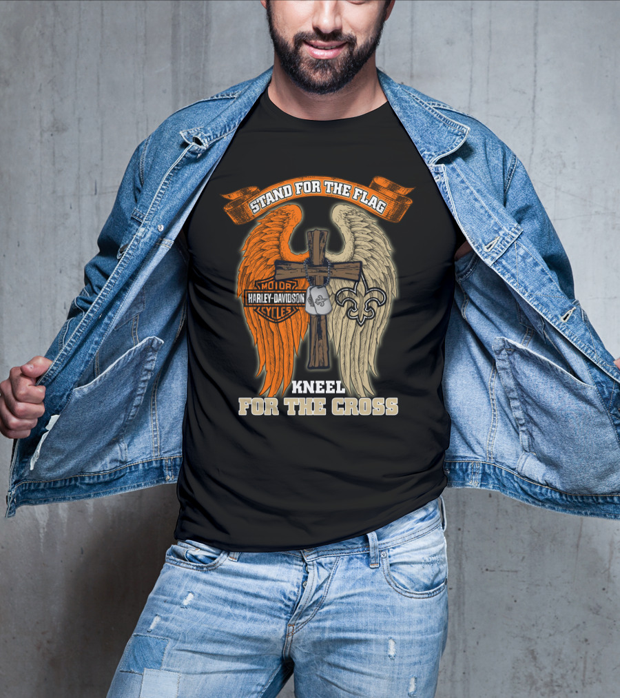 Stand For The Flag Kneel For The Cross Harley Davidson New Orleans Saints T-Shirt