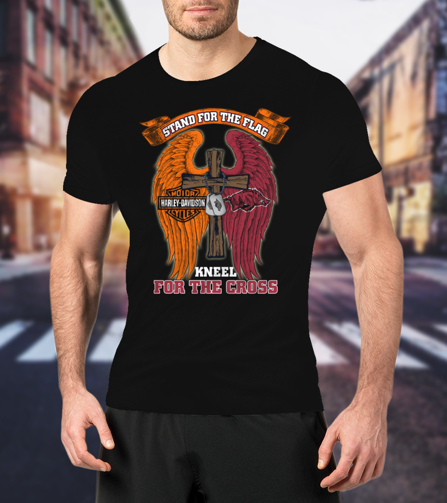 Stand For The Flag Kneel For The Cross Harley Davidson Arkansas Razorbacks T-Shirt