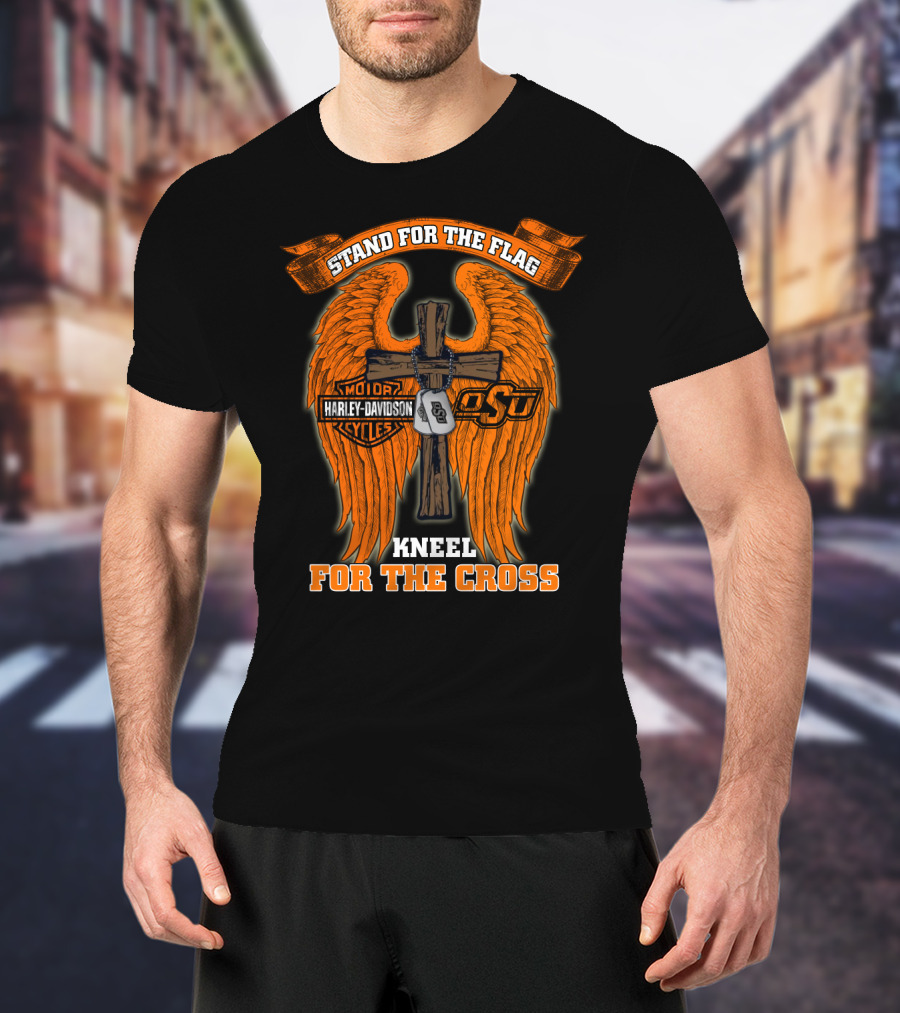 Stand For The Flag Kneel For The Cross Harley Davidson Osu Oklahoma State Cowboys T-Shirt