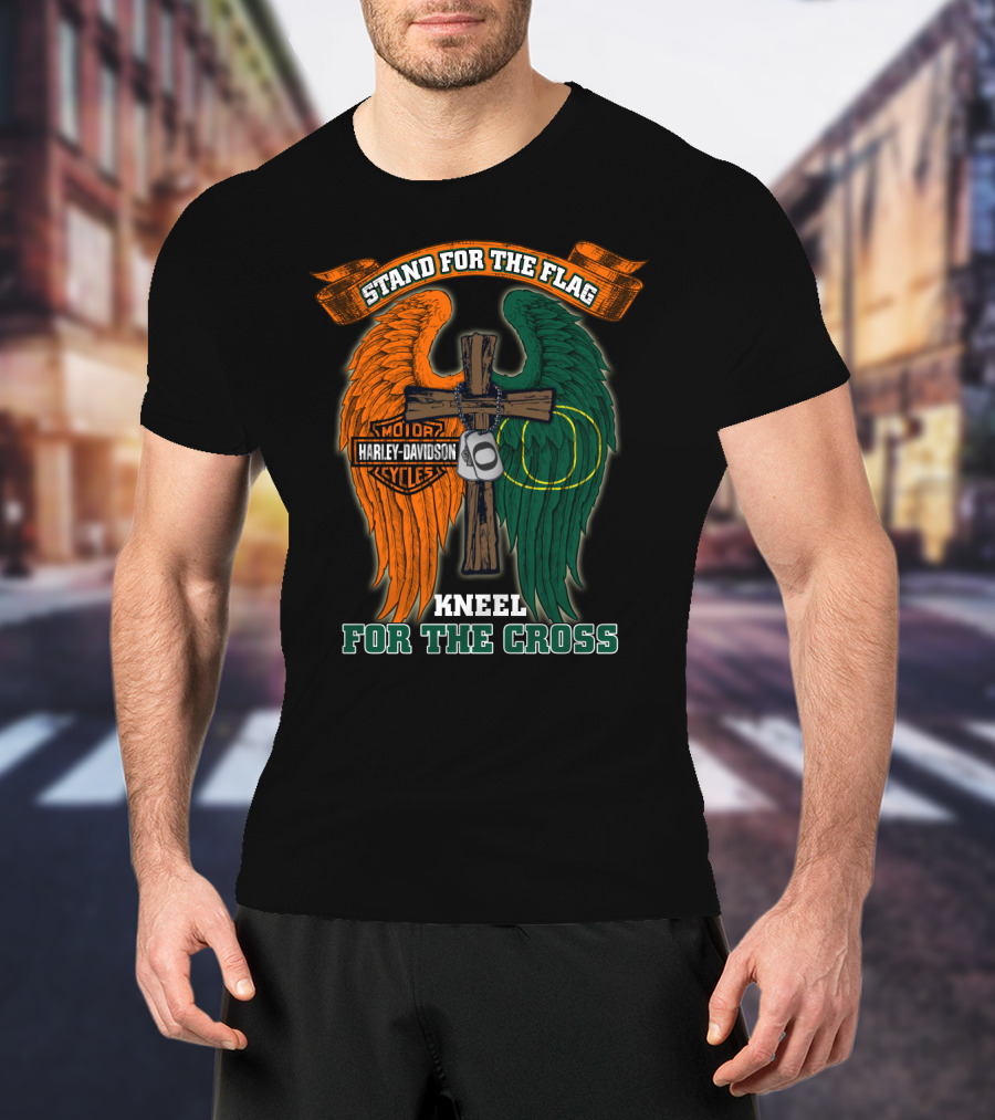 Stand For The Flag Kneel For The Cross Harley Davidson Oregon Ducks T-Shirt