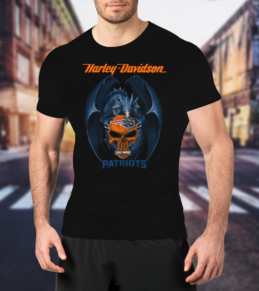 Harley Davidson Dragon New England Patriots Motor Cycles T-Shirt