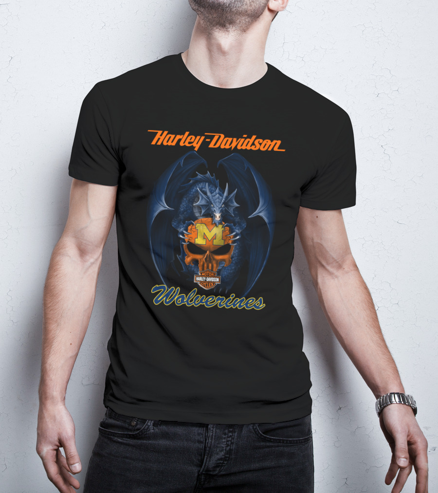 Harley Davidson Michigan Wolverines Dragon Skull Motor Cycles T-Shirt
