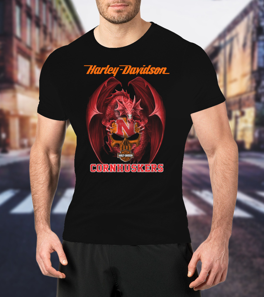 Harley Davidson Nebraska Cornhuskers Dragon Motorcycle Cycles T-Shirt
