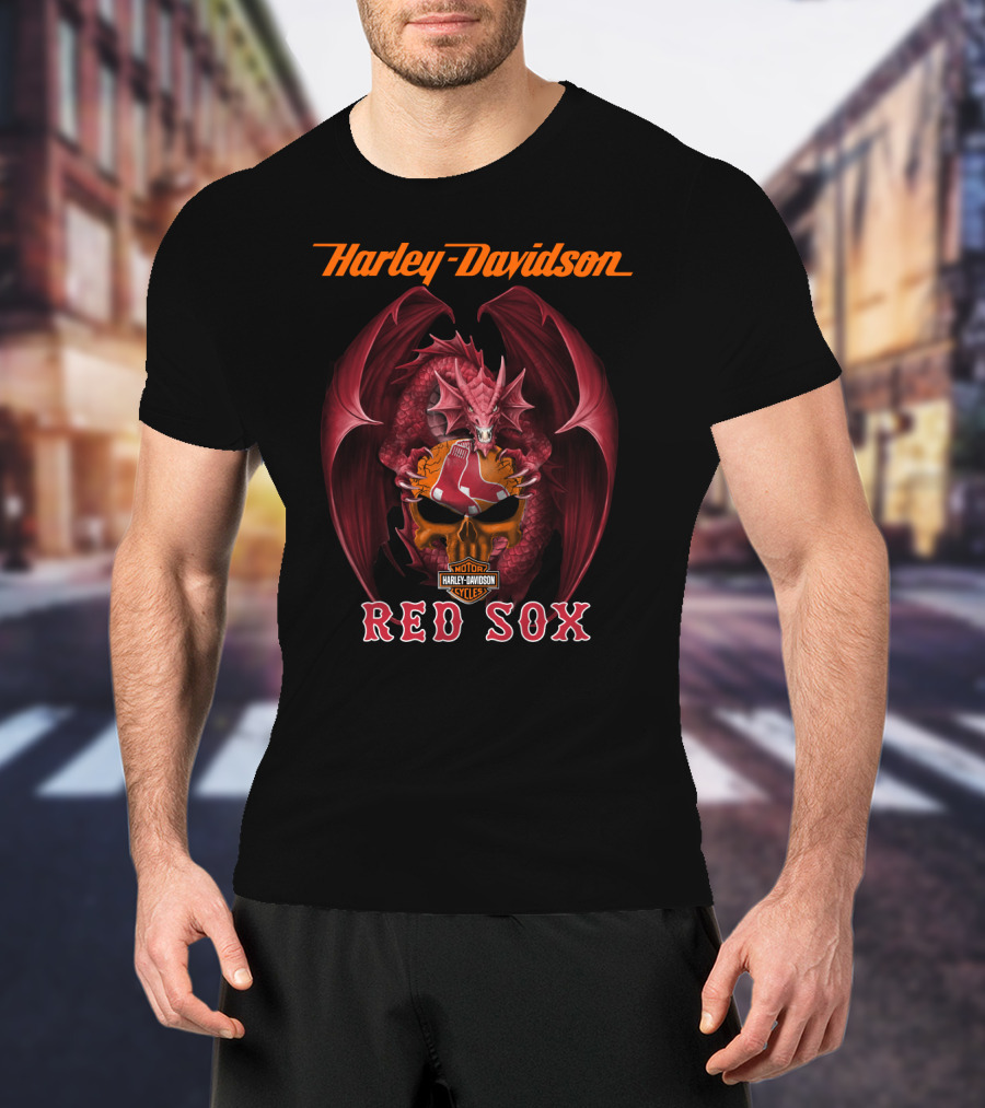 Harley Davidson Red Sox Dragon Skull Motor Cycles T-Shirt
