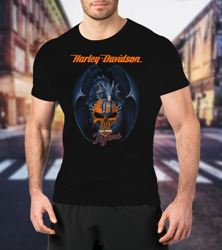 Harley Davidson Detroit Tigers Dragon Motor Cycles T-Shirt