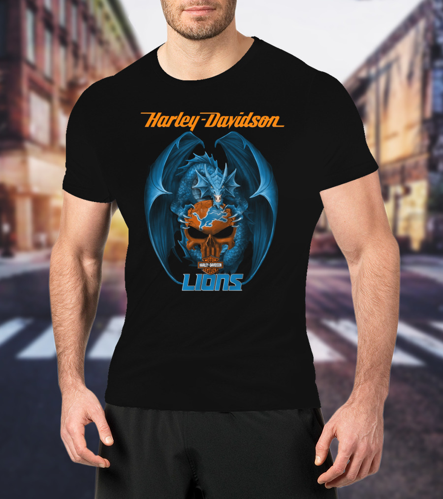 Harley Davidson Detroit Lions Blue Dragon Skulls T-Shirt