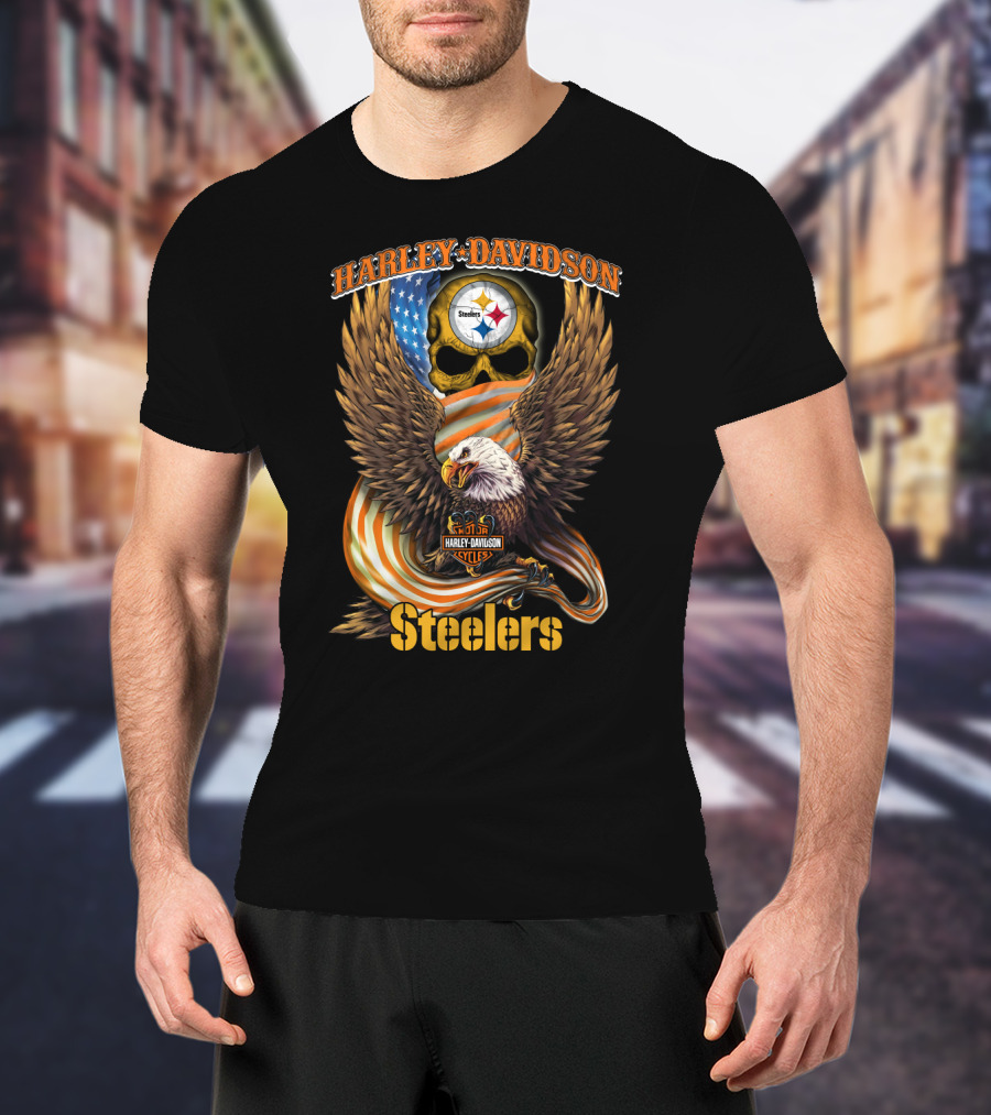 Harley Davidson Steelers Skull Eagle American Flag Pittsburgh Nfl T-Shirt