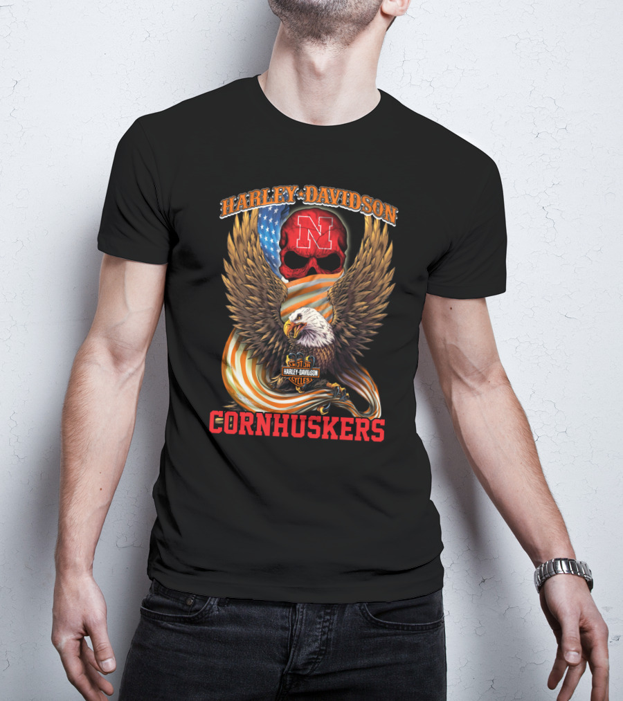 Harley Davidson Cornhuskers Nebraska Skull American Flag Eagle T-Shirt