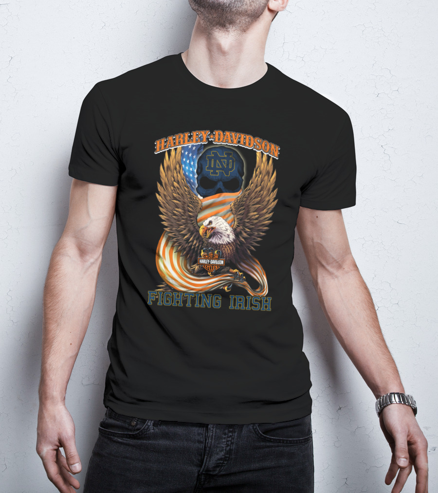 Harley Davidson Notre Dame Fighting Irish Eagle American Flag T-Shirt