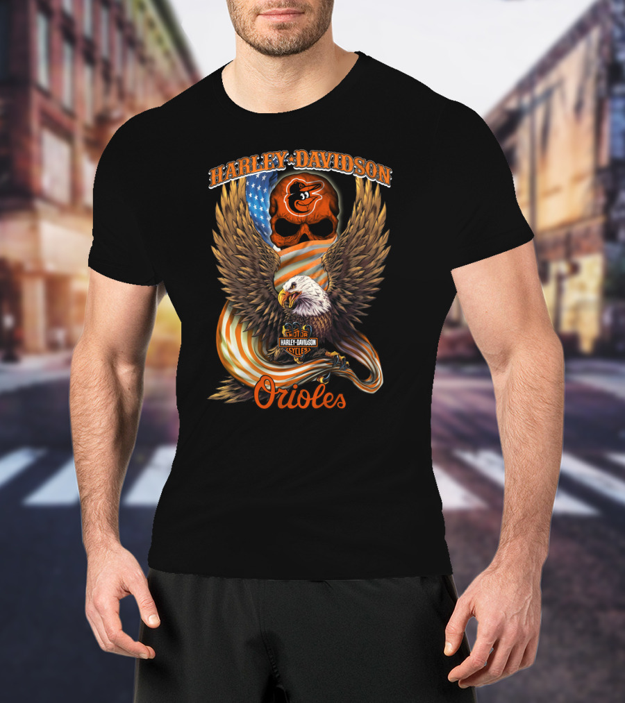 Harley Davidson Cycles Orioles Baltimore Orioles Eagle American Flag T-Shirt