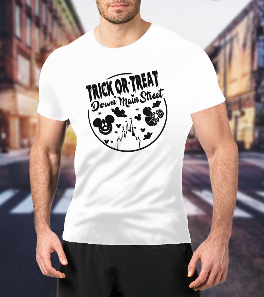 Trick Or Treat Down Main Street Mickey Mouse Halloween Disney Castle T-Shirt