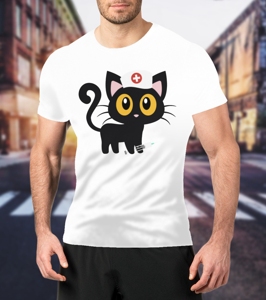 Cat Nurse Cute Black Cat With Syringe And Nurse Hat T-Shirt