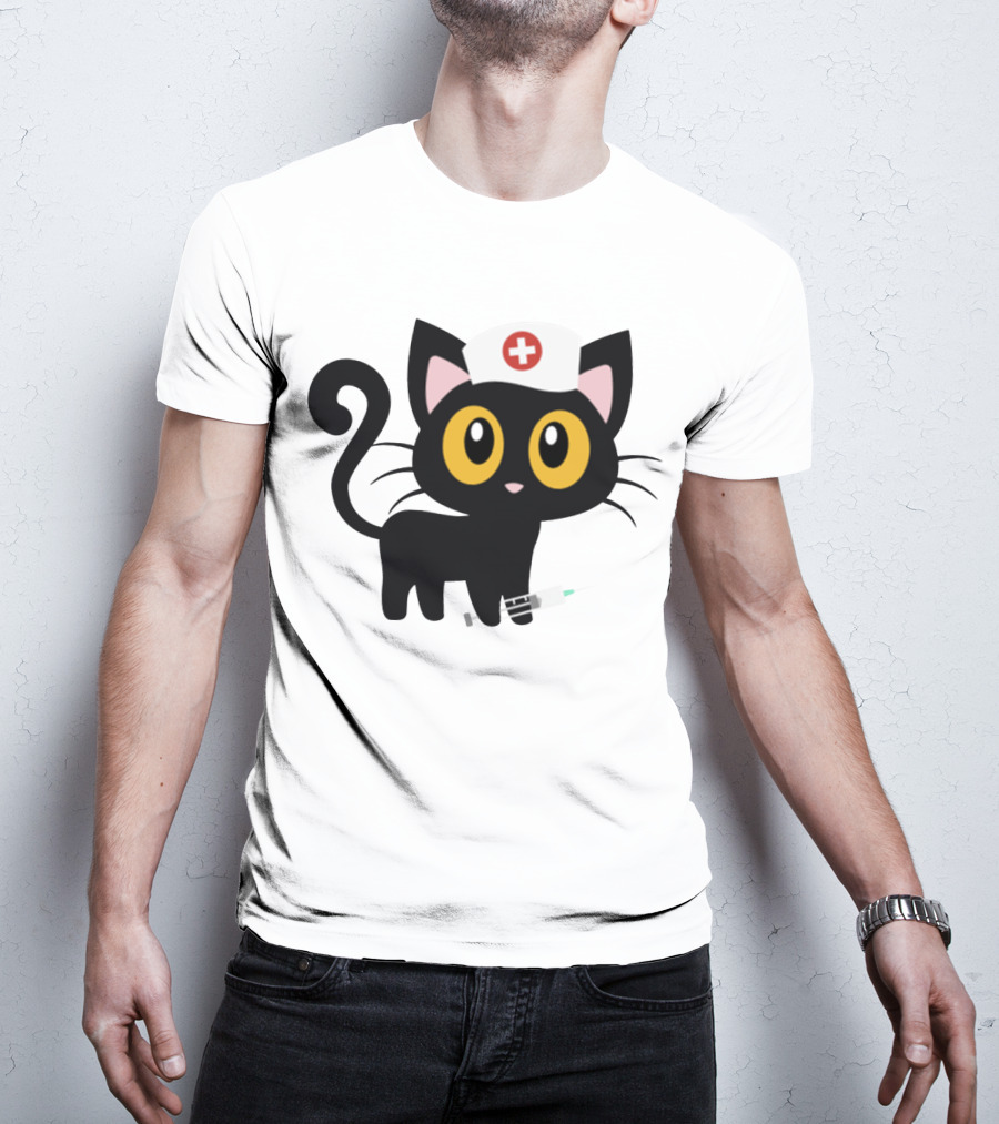 Cat Nurse Cute Black Cat With Syringe And Nurse Hat T-Shirt