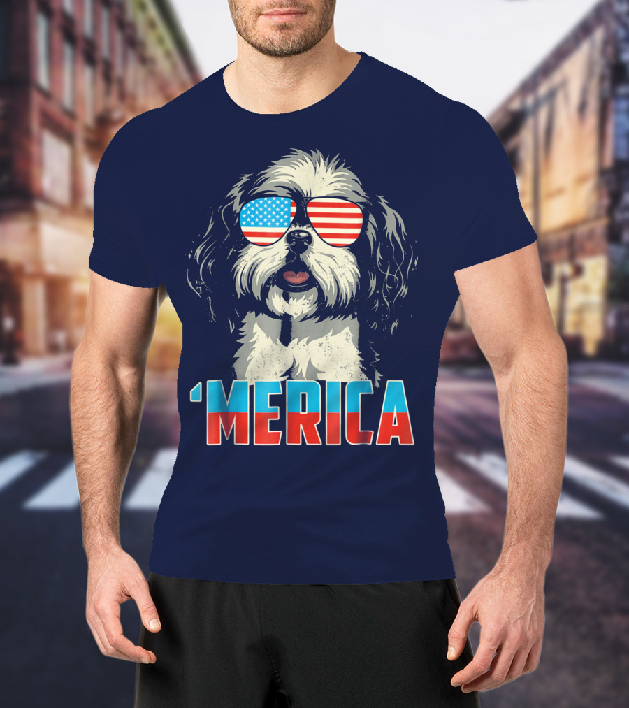 Patriotic Shih Tzu 'Merica With American Flag Sunglasses T-Shirt