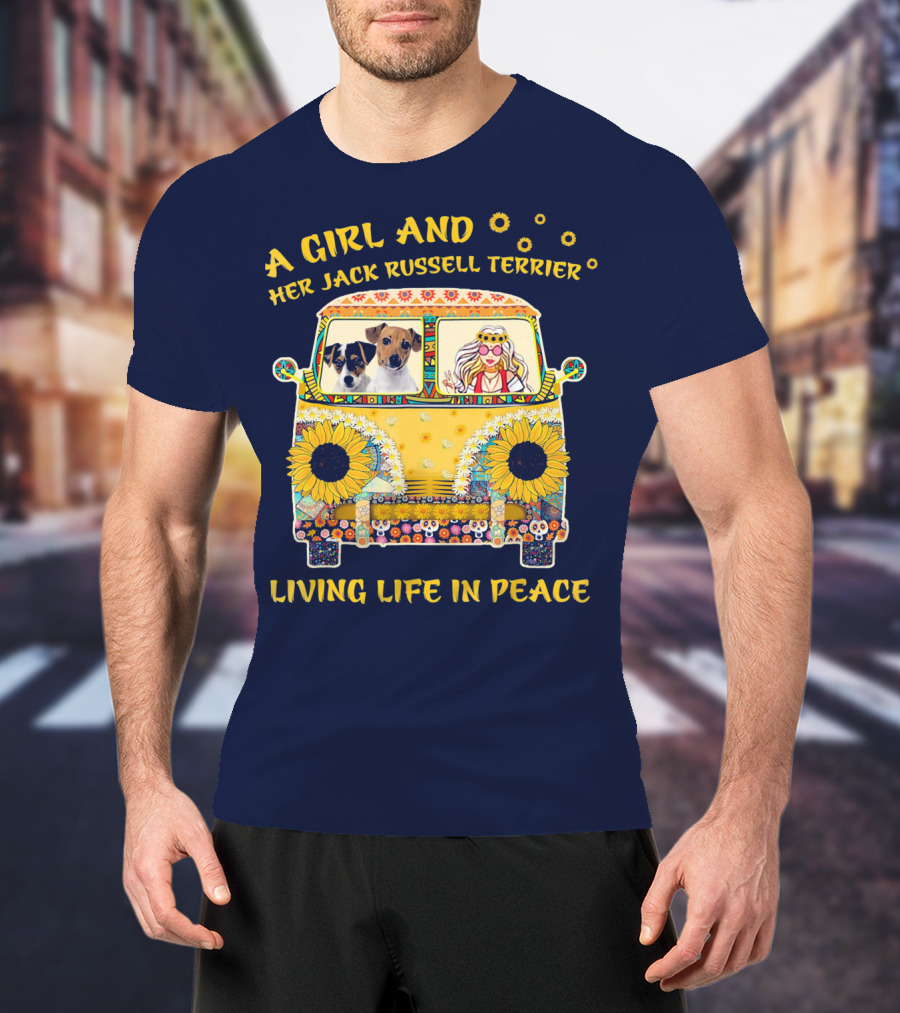 A Girl And Her Jack Russell Terrier Living Life In Peace Hippie Van With Sunflowers T-Shirt