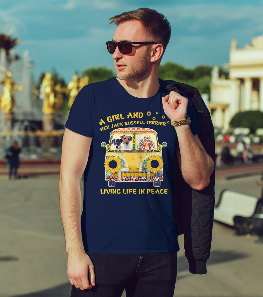 A Girl And Her Jack Russell Terrier Living Life In Peace Hippie Van With Sunflowers T-Shirt